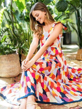 THML MABLI COLORFUL COTTON MIDI MAXI DRESS FLOWY BOHO COASTAL CHIC ROMANTIC  S